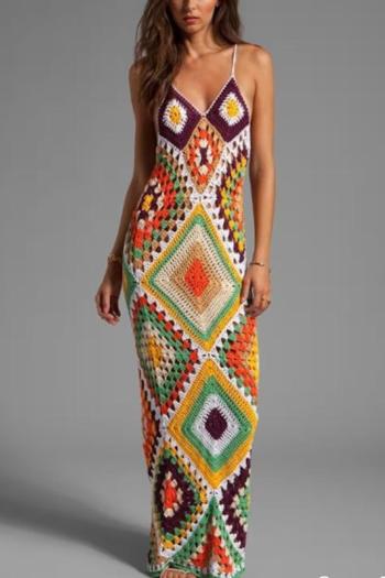 xs-xl sexy cut out colorblock crochet backless beach maxi dress cover-up