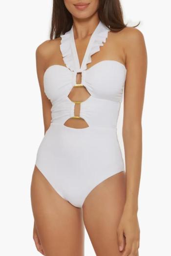 sexy pure color padded halter-neck tied hollow one-piece swimwear