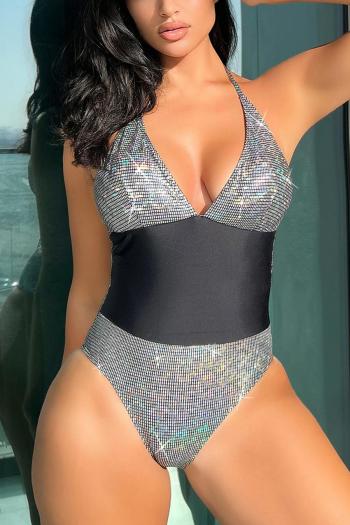 sexy holographic padded halter-neck tied one-piece swimsuit