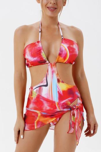 sexy tie dye padded halter-neck hollow one-piece swimwear & mesh beach skirt