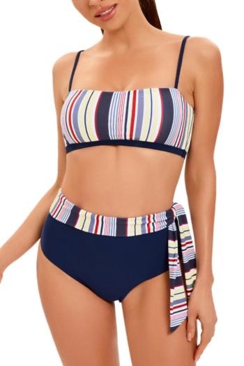 sexy plus size stripe printing padded high wast lace-up backless tankini set