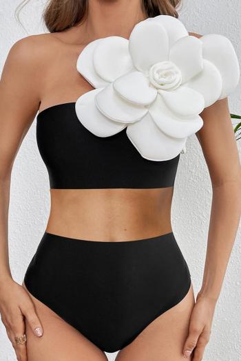 sexy contrast color 3d flower decor padded one shoulder high waist tankini set