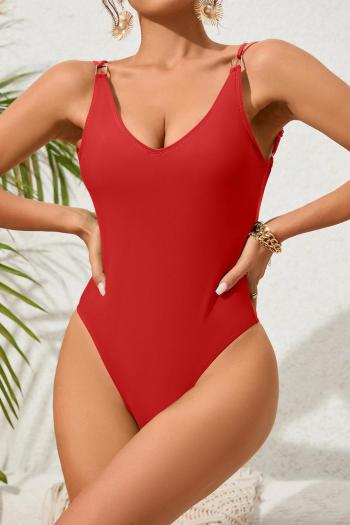 sexy pure color padded backless sling metallic square-ring one-piece swimsuit