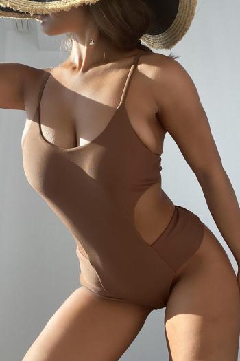 sexy pure color padded hollow adjustable straps one-piece swimsuit