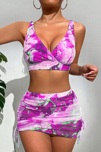 sexy tie dye two colors padded drawstring three-piece swimsuit