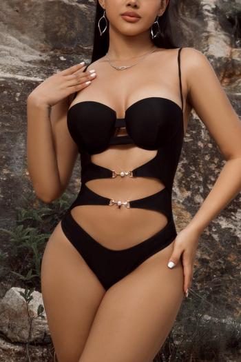 sexy pure color padded underwire hollow one-piece swimsuit