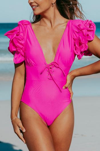 sexy pure color padded deep v cascading ruffle lace-up one-piece swimsuit