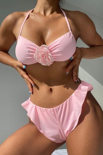 sexy 3d flower decor pure color padded halter-neck lace-up bikini set