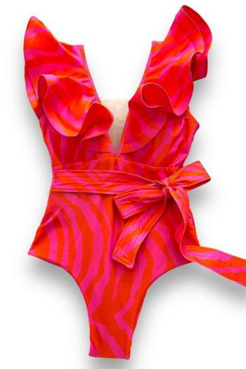 sexy irregular stripe print mesh spliced padded deep v ruffle one-piece swimsuit