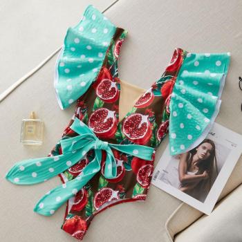 sexy pomegranate & polka dot print mesh spliced padded ruffle one-piece swimsuit