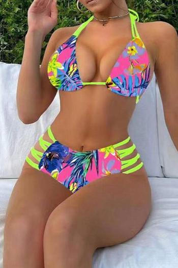 sexy floral batch printing 3 colors padded halter-neck hollow bikini set