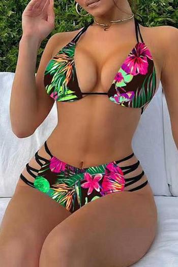 sexy floral batch printing padded halter-neck hollow bikini set