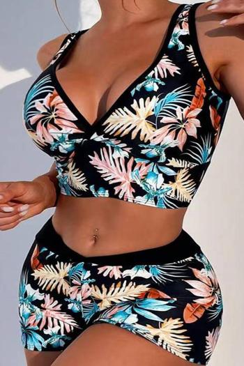 sexy floral and leaf graphic printing padded high waist flat angle tankini set