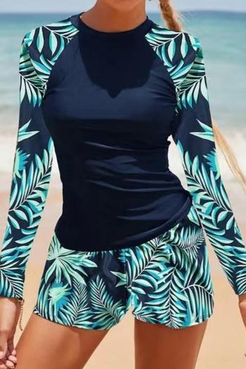 stylish leaf printing padded long sleeve flat angle surfing two-piece swimsuit