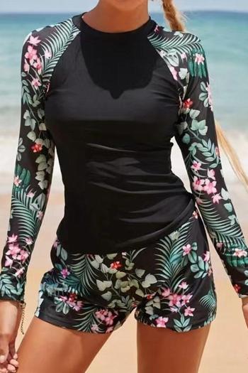 stylish floral printing padded long sleeve flat angle surfing two-piece swimsuit