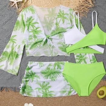 girl teen stylish two colors coconut tree printing padded four-piece swimsuit