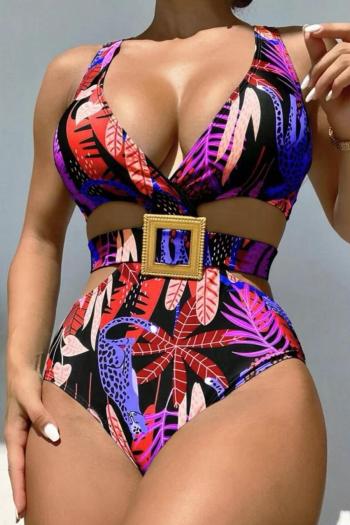 sexy leaf and leopard printing 3 colors padded hollow one-piece swimsuit