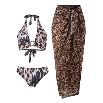 sexy leopard print padded ring linked three-piece swimsuit(skirt only one size)