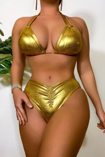 sexy gold holographic padded halter-neck triangle bikini set