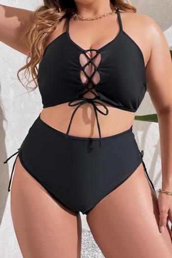 sexy plus size pure color padded halter-neck hollow lace-up tankini set