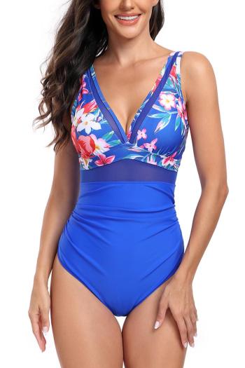 sexy plus size floral print mesh stitching padded deep v one-piece swimsuit