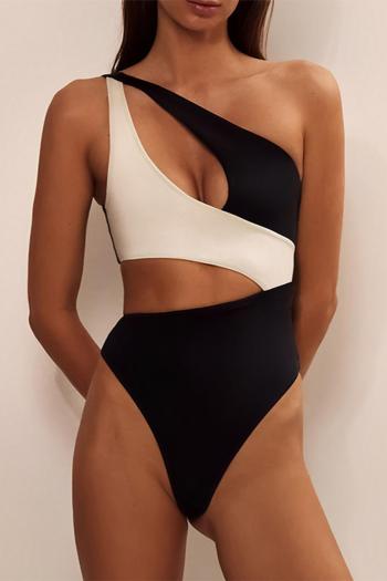 sexy color-block padded one shoulder hollow one-piece swimwear