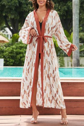 stylish wheatear printing long sleeve belt kimono cover-up(only cover-up)
