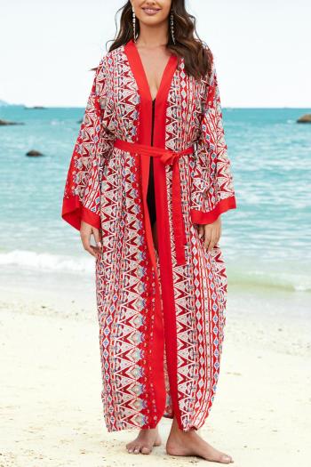 stylish red graphic printing long sleeve belt kimono cover-up(only cover-up)