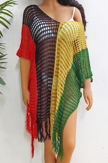 sexy color-block cut out knitted v-neck tassel loose cover-up#1#(only cover-up)