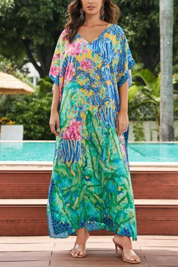 stylish graphic printing v-neck loose robe beach cover-up