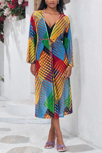 sexy mesh multicolor stripe printing with belt beach cover-up(only cover-up)