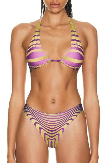sexy streak fixed printing padded halter-neck lace-up triangle bikini set