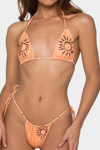 sexy sun graphic printing padded halter-neck triangle self-tie bikini set