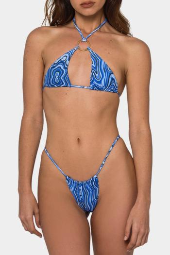 sexy swirl graphic printing padded ring linked halter-neck lace-up bikini set