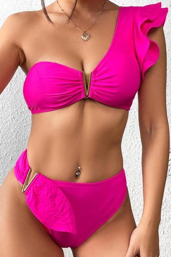 sexy pure color padded one shoulder cascading ruffle tankini set