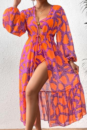 sexy graphic printing long sleeve tie-waist cover-up(only cover-up)