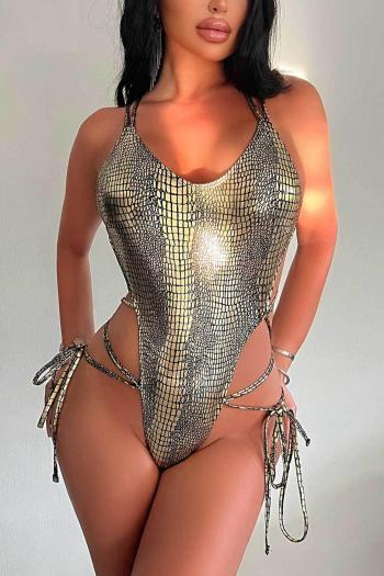 sexy snake graphic holographic padded backless tied one-piece swimsuit