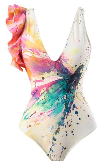 sexy dragonfly graphic printing padded cascading ruffle one-piece swimsuit