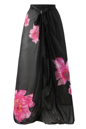 stylish black flowear graphic printing lace-up beach skirt cover-up
