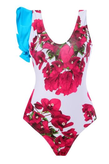 sexy bougainvillea graphic printing padded cascading ruffle one-piece swimsuit