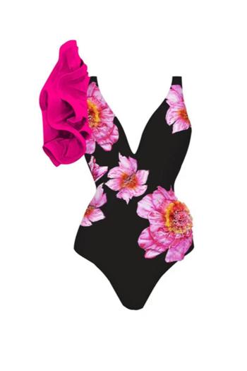 sexy flower graphic printing padded cascading ruffle one-piece swimsuit