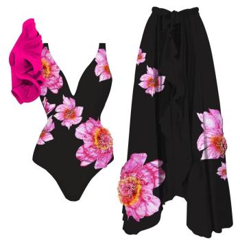 sexy flower print padded one-piece swimwear with skirt(skirt only one size)