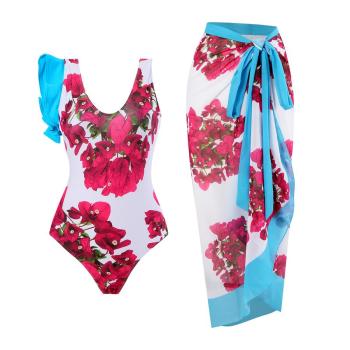 sexy bougainvillea print padded one-piece swimsuit & skirt(skirt only one size)