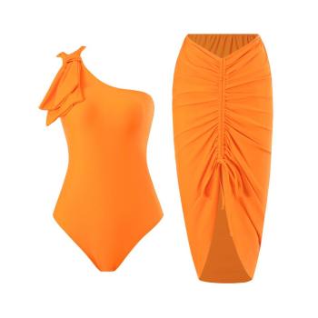 sexy orange padded one shoulder one-piece swimwear with chiffon drawstring skirt