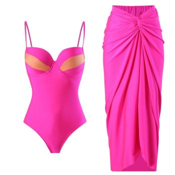 sexy color-block non-removable padding underwire one-piece swimsuit & skirt