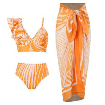 sexy graphic print padded ruffle three-piece swimwear(skirt only one size)