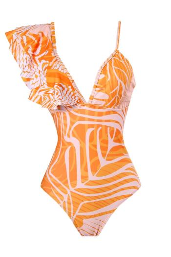 sexy graphic printing padded cascading ruffle one-piece swimsuit