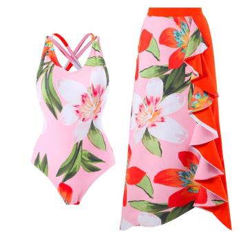 sexy floral printing padded backless cross sling one-piece swimwear with skirt