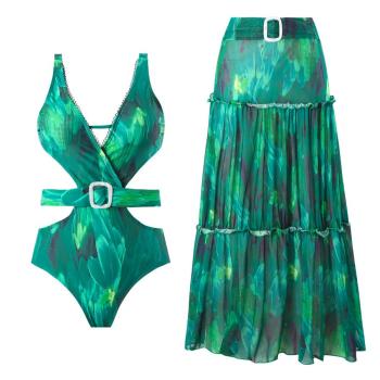 sexy digital printing padded deep v hollow one-piece swimsuit with chiffon skirt