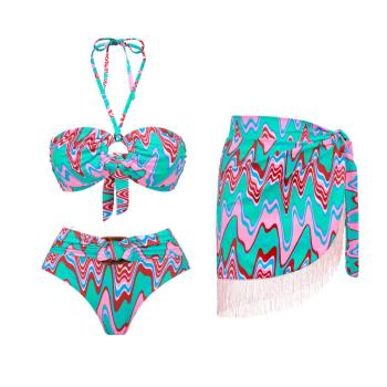 sexy graphic batch printing padded tassel skirt three-piece swimsuit